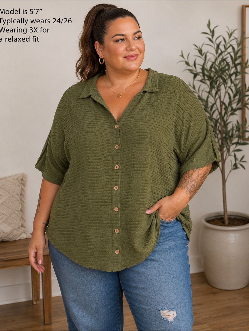 Vintage Ezze Wear 3X Olive Green Cotton Gauze Button Front Shirt Boho Plus